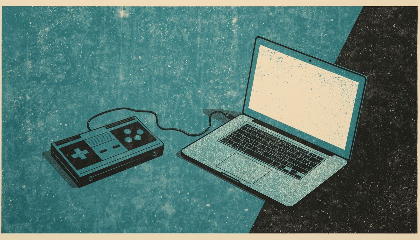 A retro gamepad connected to a laptop, in teal and black print style.